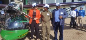 The Minister of Forestry, Fisheries and the Environment, Ms Barbara Creecy officially receives the Bat Hawk Light aircraft from Anglo American Platinum on behalf of SANParks. With her are Executive head: Projects at Anglo American Platinum – Mr Prakashim Moodliar and SANParks Chief Pilot, David Simelane